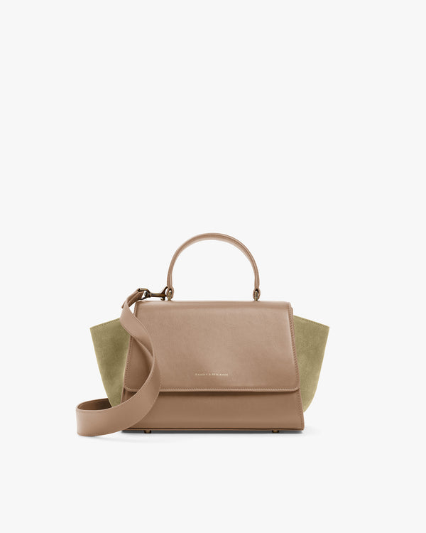 Sac ALEXIA beige, vue de face, poignée courte et bandoulière amovible, ailes latérales kaki