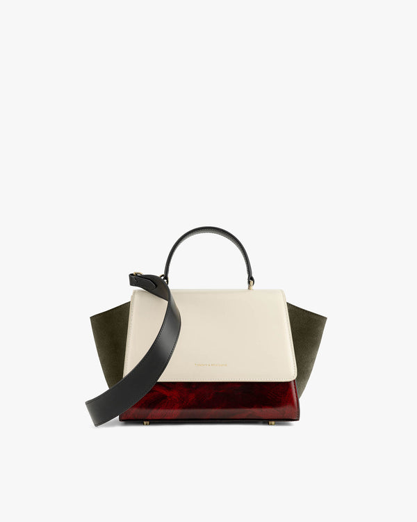 Sac ALEXIA colourblock art déco écru, kaki et rouge, poignée noire, bandoulière détachée devant