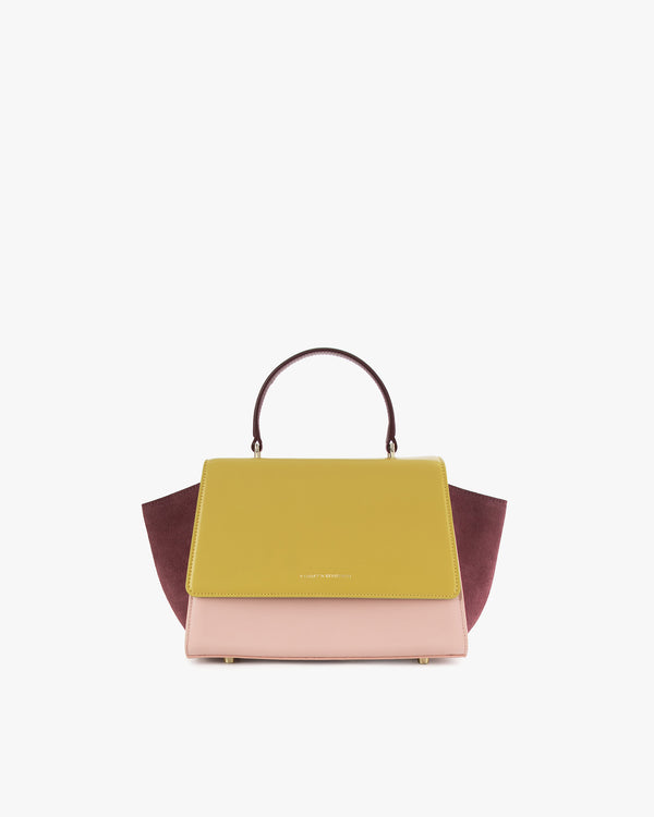 Sac ALEXIA Colourblock Vesper de face, poignée gainée, ailes latérales en daim bordeaux