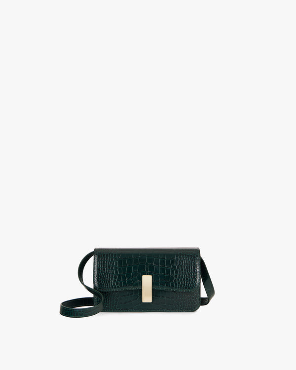 BLAKE bag in green embossed crocodile, front view with gold clasp and adjustable strap