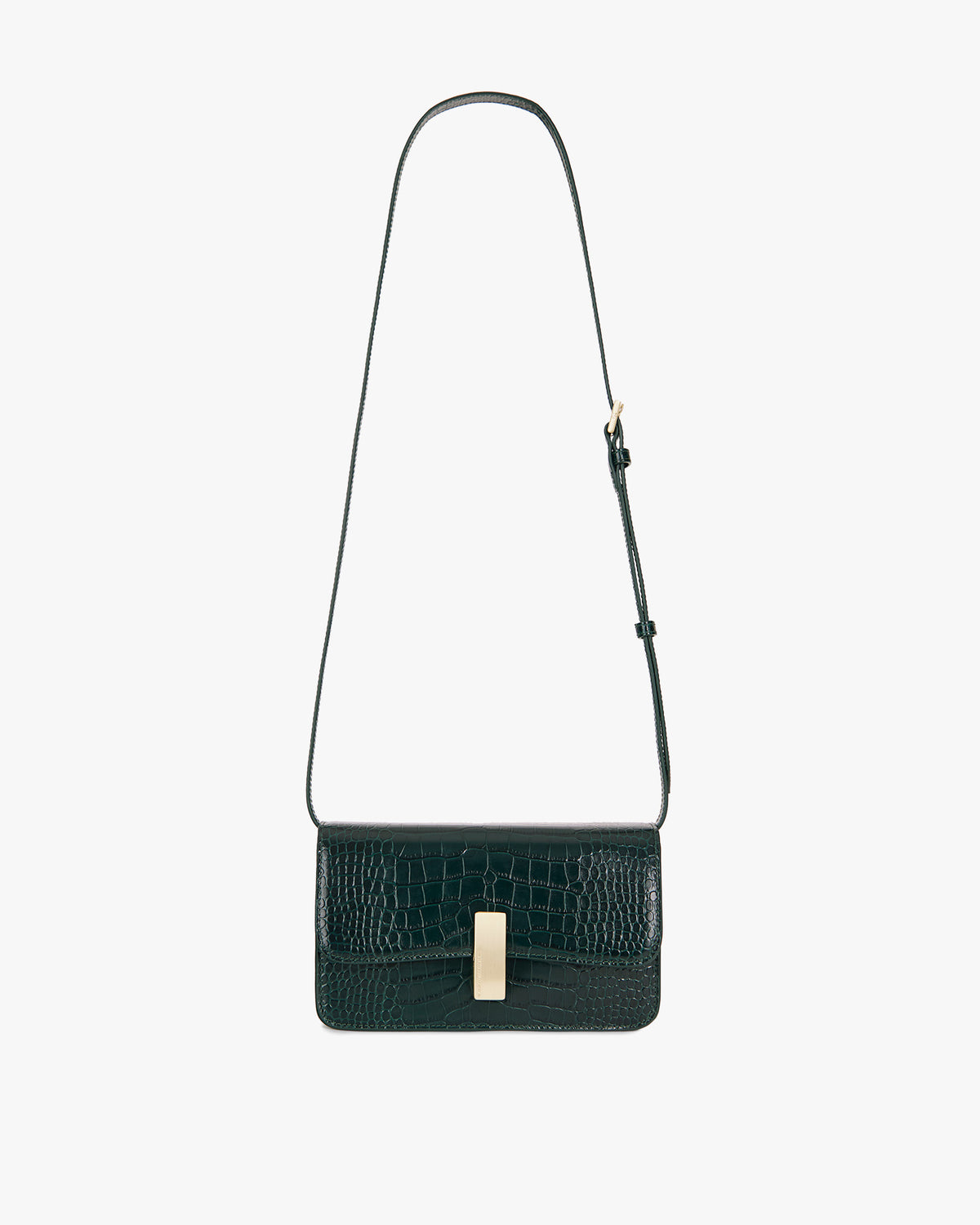 Sac BLAKE vert embossé crocodile, vue de face, posé, bandoulière fine ajustable déployée