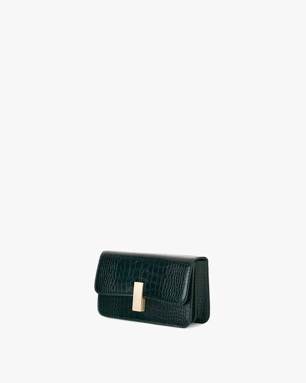 BLAKE bag in green croc-embossed leather, three-quarter view with gold clasp and thin strap