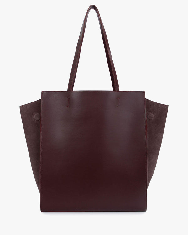 LEXI GM tote bag in Aubergine, front view with shoulder straps, leather wings and suede panels