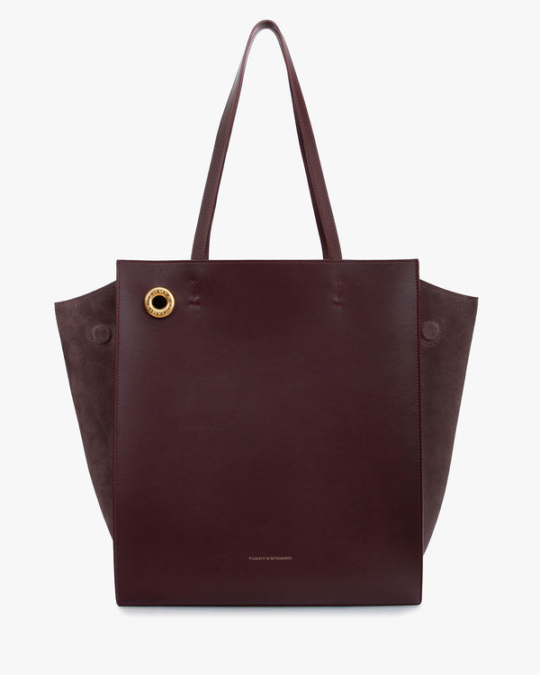 LEXI GM tote in Aubergine, front view, long straps and gold eyelet, leather and suede sides