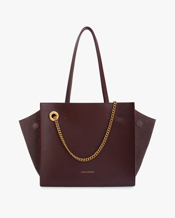 LEXI MM tote bag in Aubergine, front view, leather and suede, removable gold chain, shoulder straps