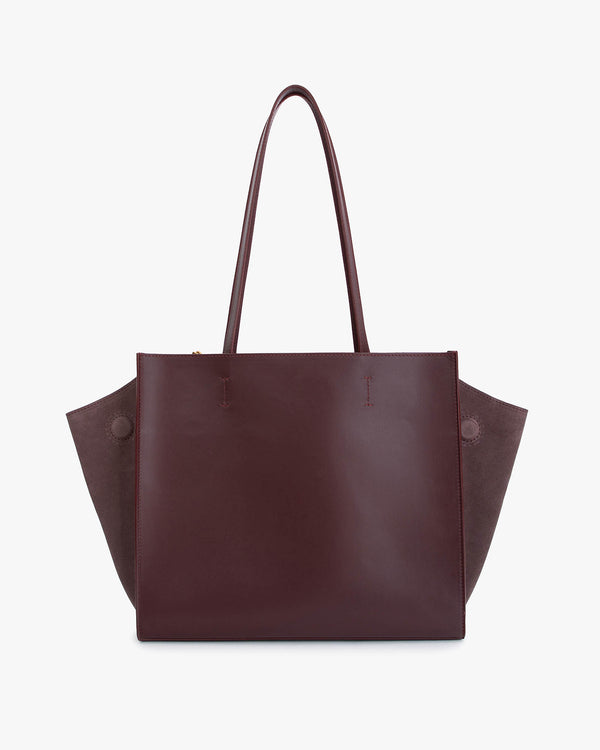 LEXI MM tote bag in Aubergine, front view, straps raised, leather wings with suede panels