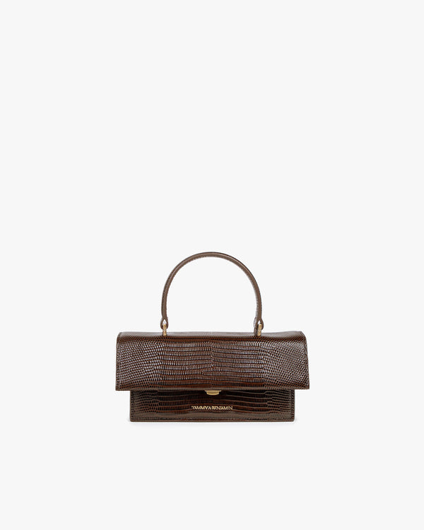 THEA MINI bag in brown embossed lizard, front view, flap closed, rigid top handle