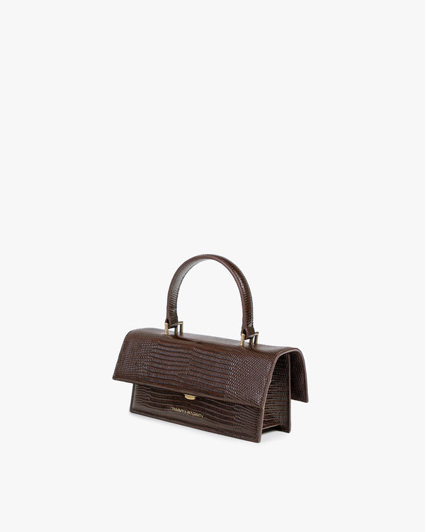 THEA MINI bag in brown embossed lizard, side view, standing, top handle raised