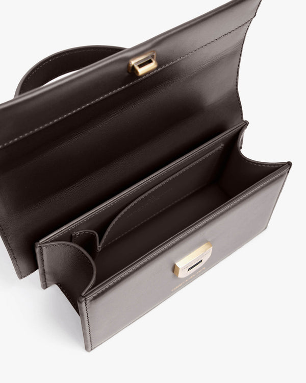 THEA MINI bag in Chocolate, open view showing the flap and inner pocket