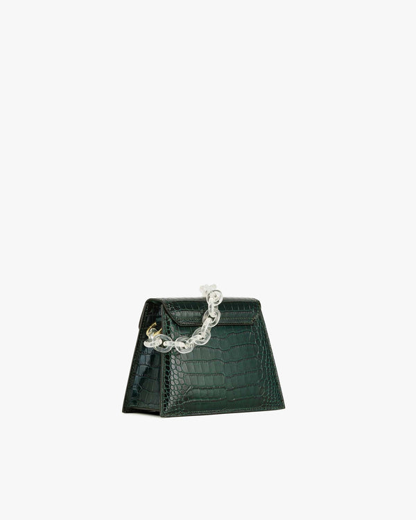 Sac GABRIELLE vert embossé crocodile, vue de profil, anse chaîne translucide détachable
