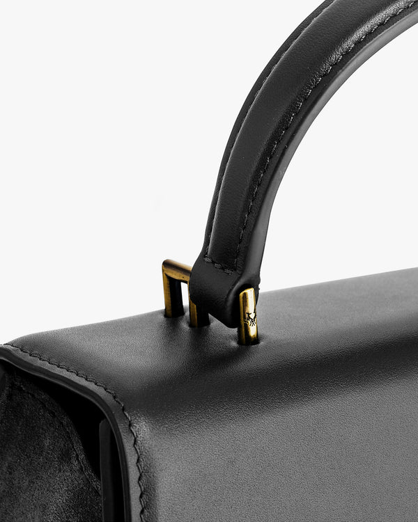 Sac ALEXIA noir, détail de la poignée gainée et des fixations en métal doré sur le rabat
