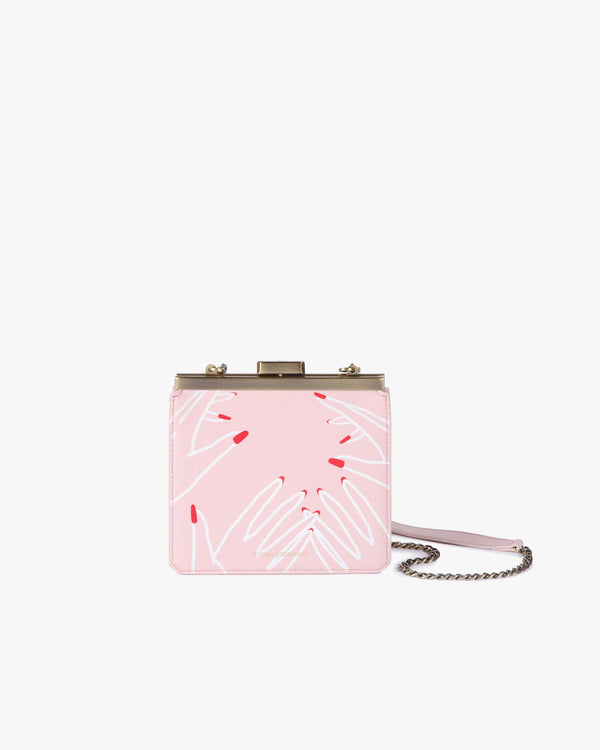JEANNE bag in Imprimé Mains print, front view, gold metal clasp, chain and leather strap