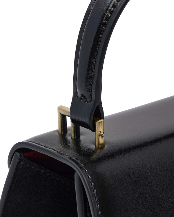 Sac ALEXIA NANO noir, détail de la poignée et des fixations en métal doré sur le rabat