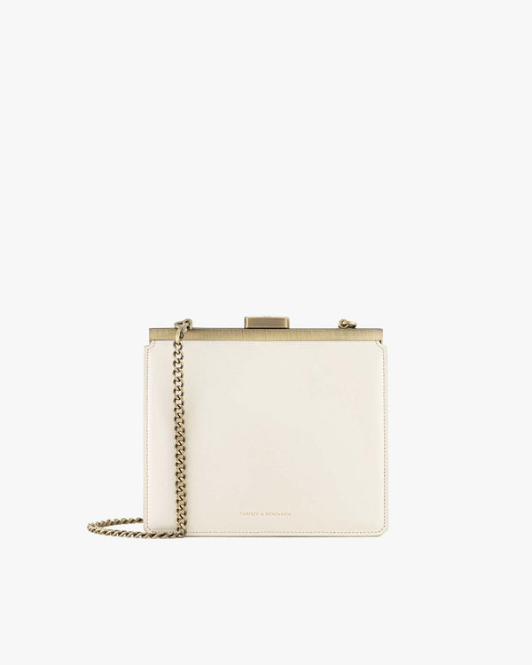 JEANNE bag in Ivory, front view, gold-tone metal clasp, detachable chain strap