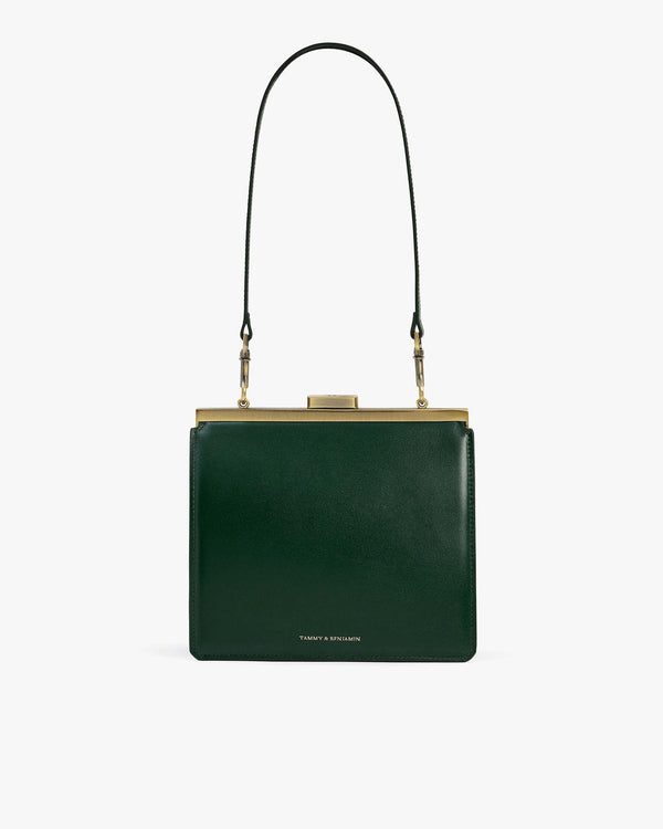 JEANNE bag in emerald green, front view, gold metal clasp, worn as a shoulder strap